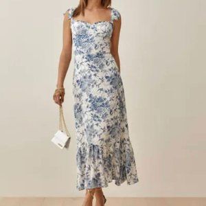 Reformation Nikita Dress in blue/off white (Olympia) size 8